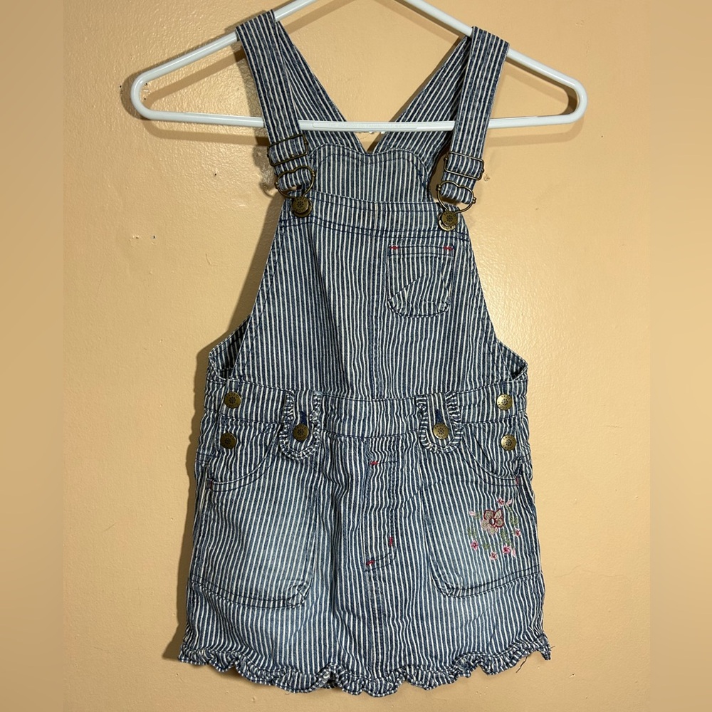 Y2K 2000s Faded Glory Blue + White Striped Skirt Overalls Girls Size 7 Flower